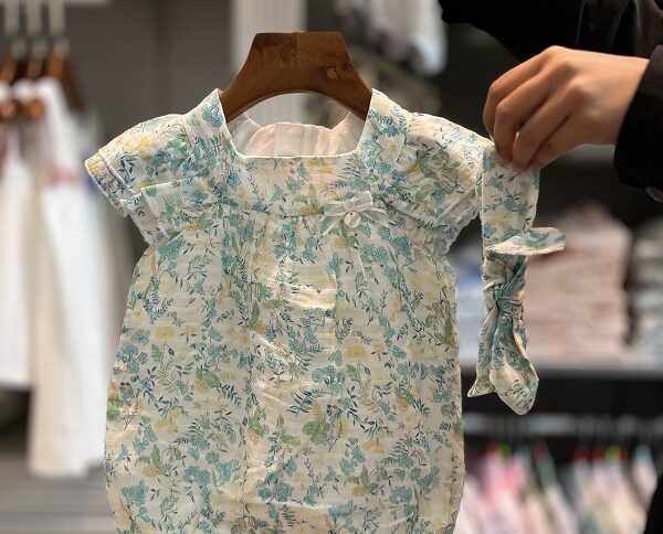 رامپر دخترانه حریر گلدار ایندیگو