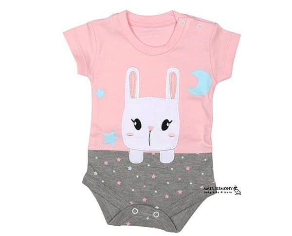 زیردکمه آستین کوتاه برگ سبز طرح خرگوش تکه دوزی