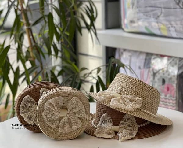 ست کلاه و کیف حصیری پاپیونی مرواریدی