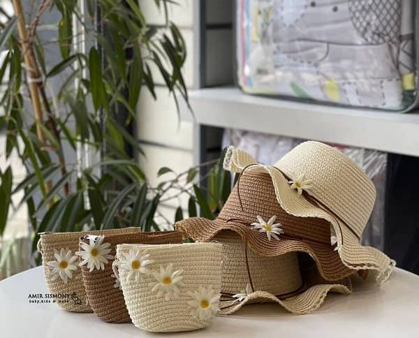 کلاه و کیف حصیری دخترانه طرح بابونه