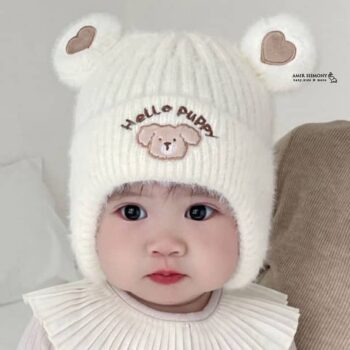 کلاه زمستانه نوزادی روگوشی طرح HELLO PUPPY