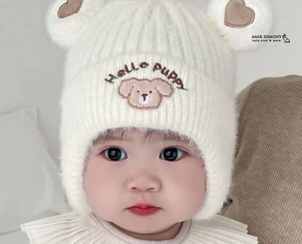 کلاه زمستانه نوزادی روگوشی طرح HELLO PUPPY