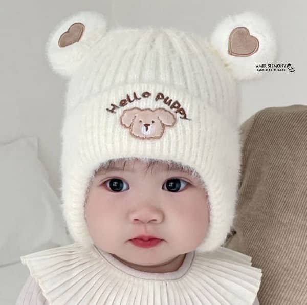 کلاه زمستانه نوزادی روگوشی طرح HELLO PUPPY کلاه زمستانه نوزادی روگوشی طرح HELLO PUPPY
